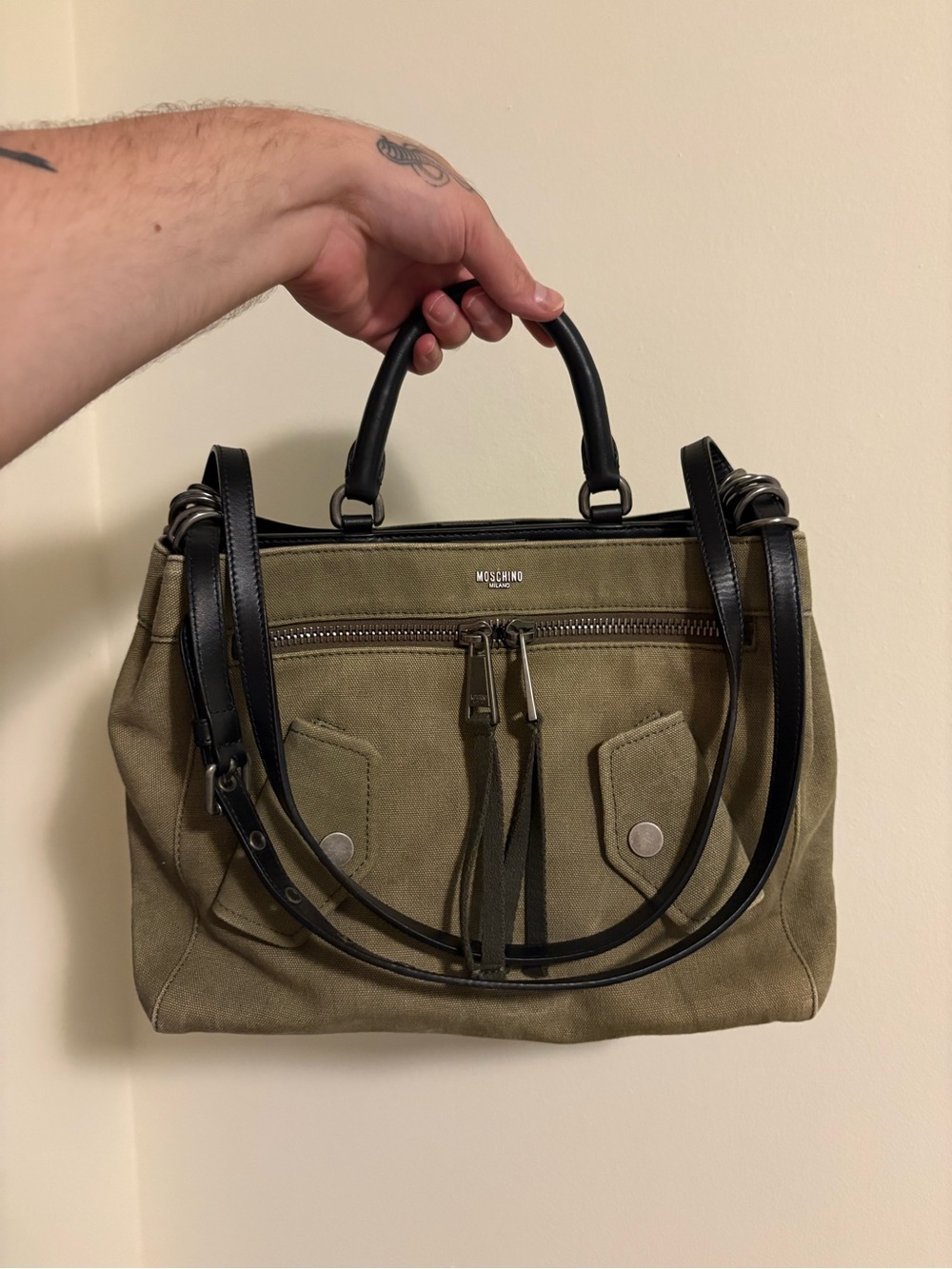 Moschino Olive Canvas Satchel with Black Leather Handles